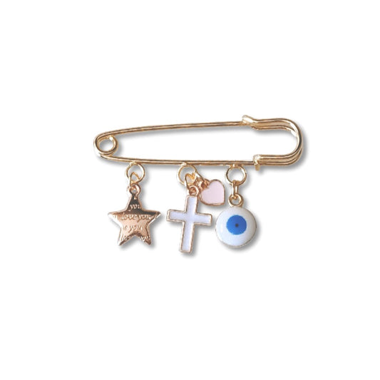 The Forever Protected Pin features the 'Love You' star , white cross and mini heart (blue or pink option), and eye charm. Each Pin is beautifully packaged and ready for gifting.   Note: To create your own custom pin entirely with personalised initials and charms, please visit our main site and follow the steps.  Our keepsake pins make the perfect gift for newborns and parents.