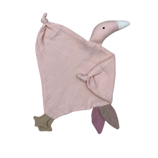 The sweetest baby or newborn gift. The cuddle goose is a 100% Organic Muslin Cotton comforter. This cute and buttery soft goose is perfect for snuggling, playtime and sleeping.