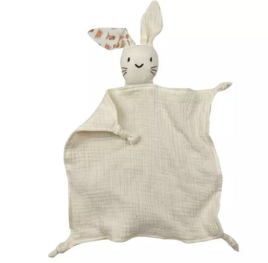 100% Organic Bunny Muslin Cotton comforter. This cute and buttery soft bunny is perfect for snuggling, playtime and sleeping.