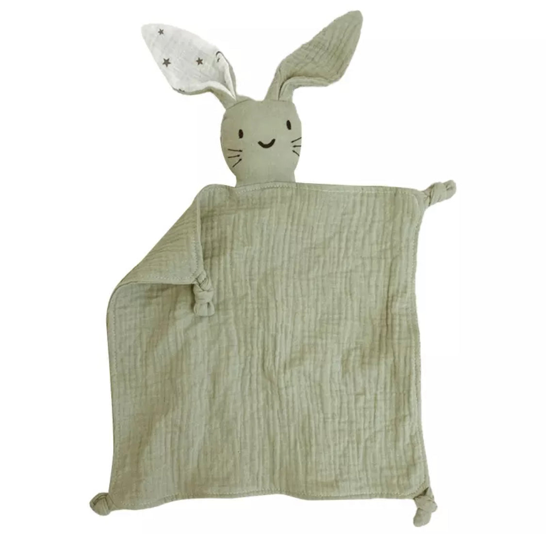 100% Organic Bunny Muslin Cotton comforter. This cute and buttery soft bunny is perfect for snuggling, playtime and sleeping.